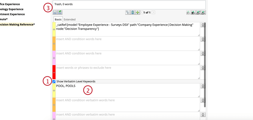 Show verbatim level keywords