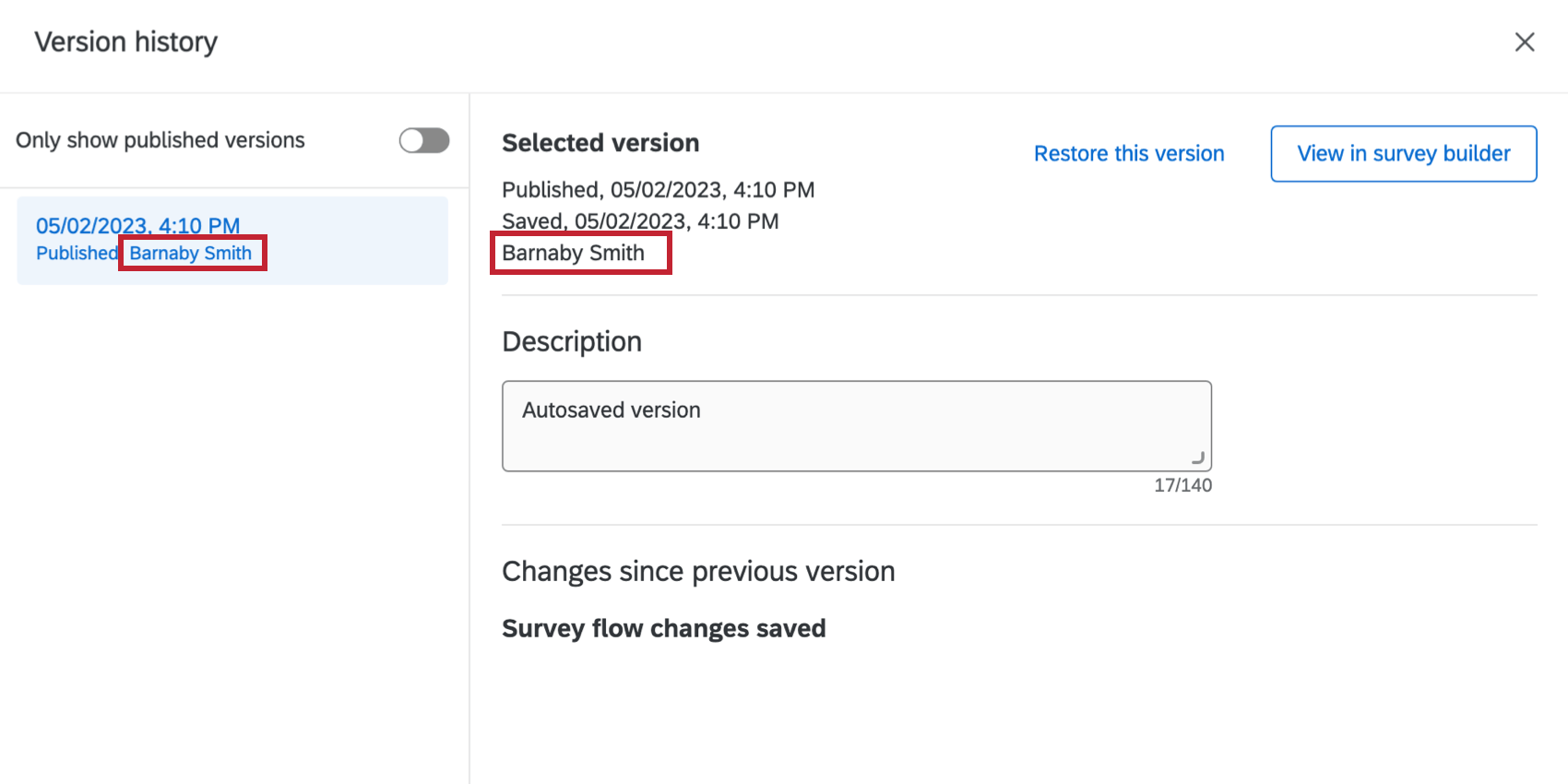 surligne lauteur de lhistorique des versions