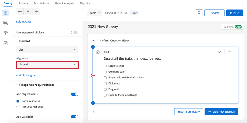 a multiple choice question in the vertical format