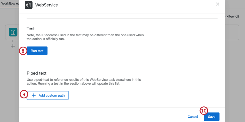 Run test button, add custom path button, and save button