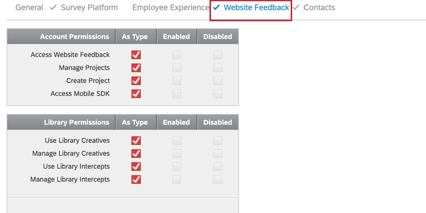 a seção de feedback do site da página de permissões do usuário