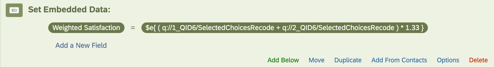 Math operations shown as Weighted Satisfaction embedded data in the Survey flow