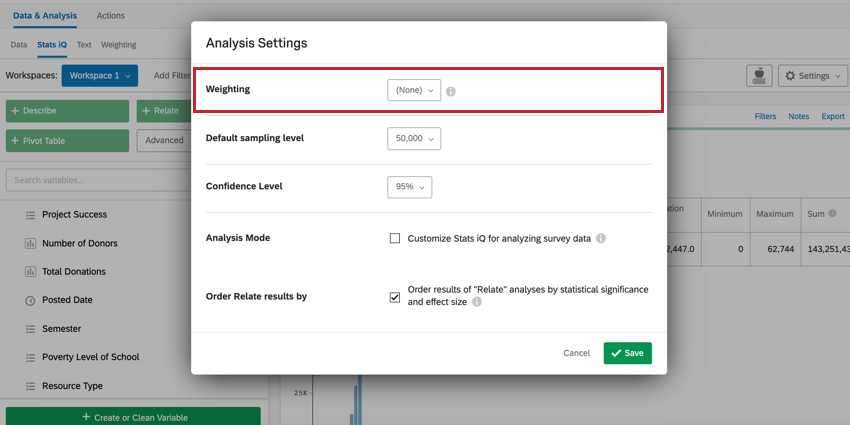 image of the weighting option in analysis settings