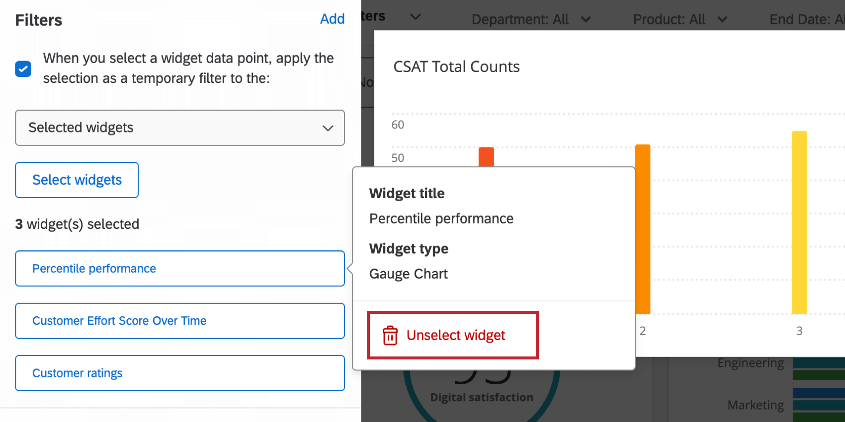 O botão Desmarcar widget que é exibido após clicar em um widget no menu de filtros