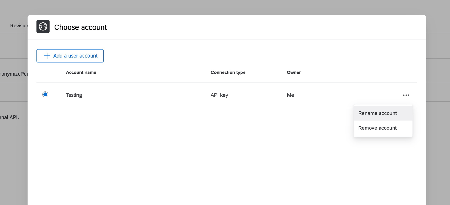 il pulsante Rinomina e rimuovi avanti a un account