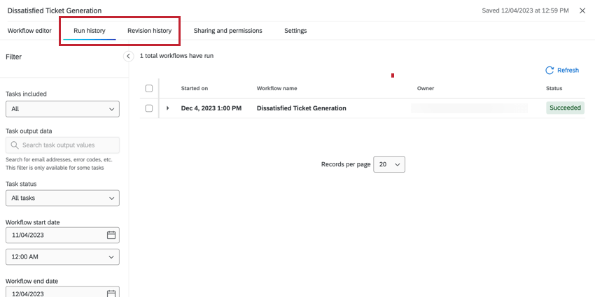 les onglets Historique des exécutions et Historique des révisions