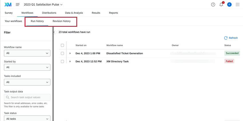 the run history tab of the workflows tab in a project