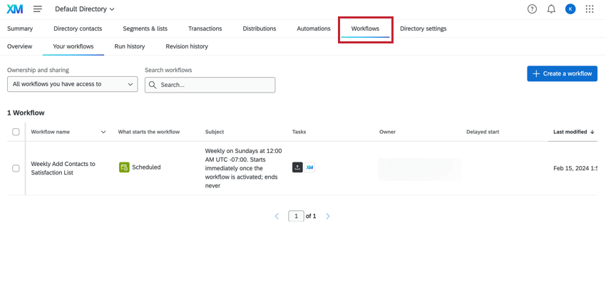 Evidenzia la scheda dei flussi di lavoro nella Directory XM