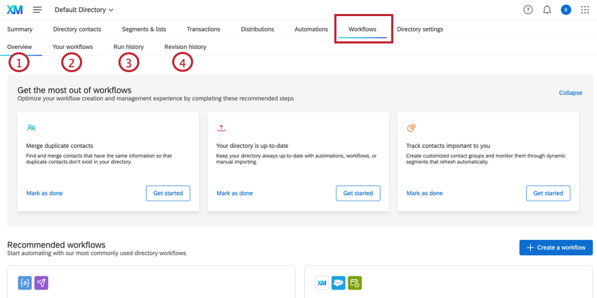 Workflows tab highlighted with the different sections of the tab displayed