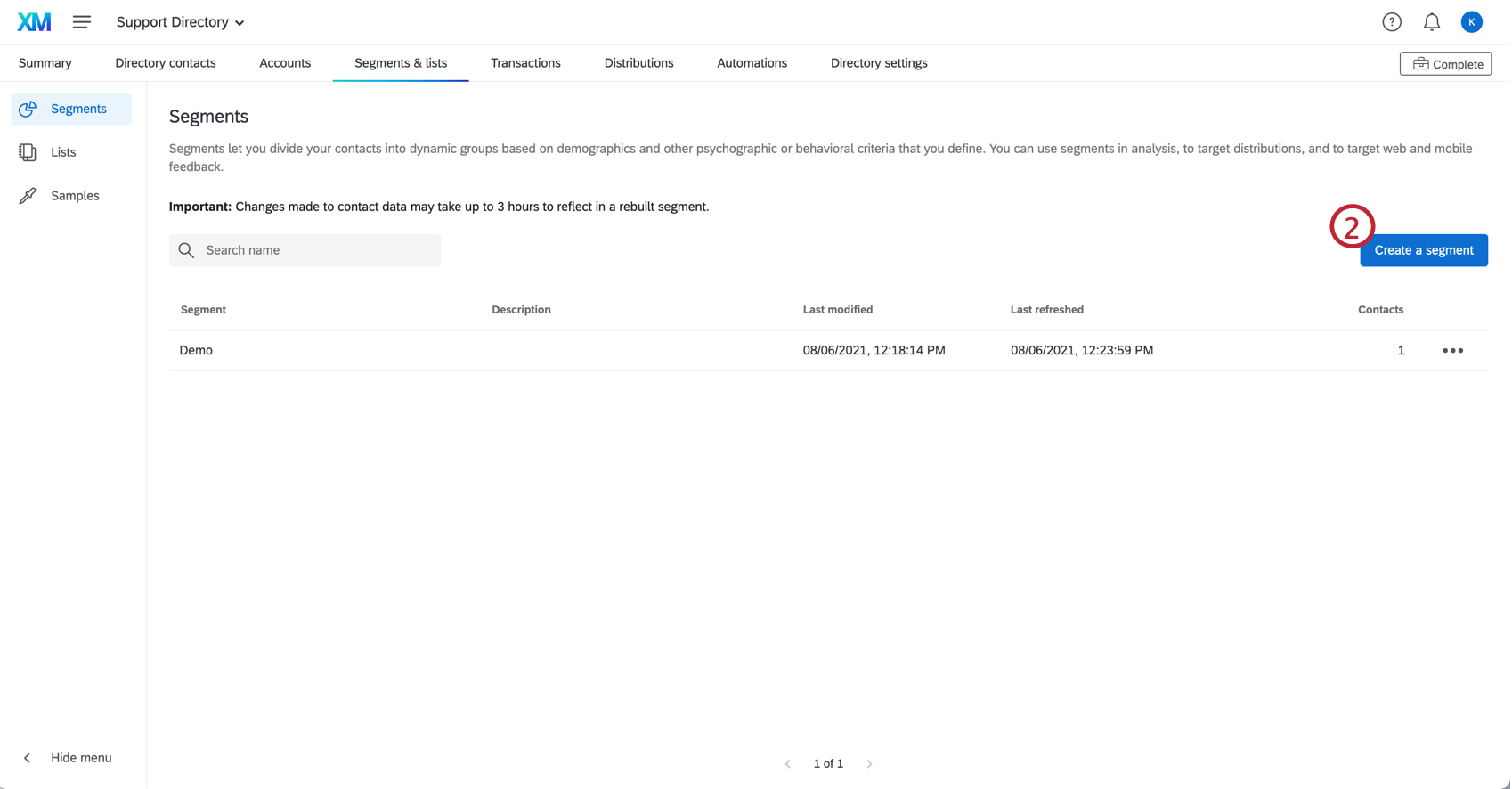 Surligne le bouton Créer un segment dans le menu de segmentation.