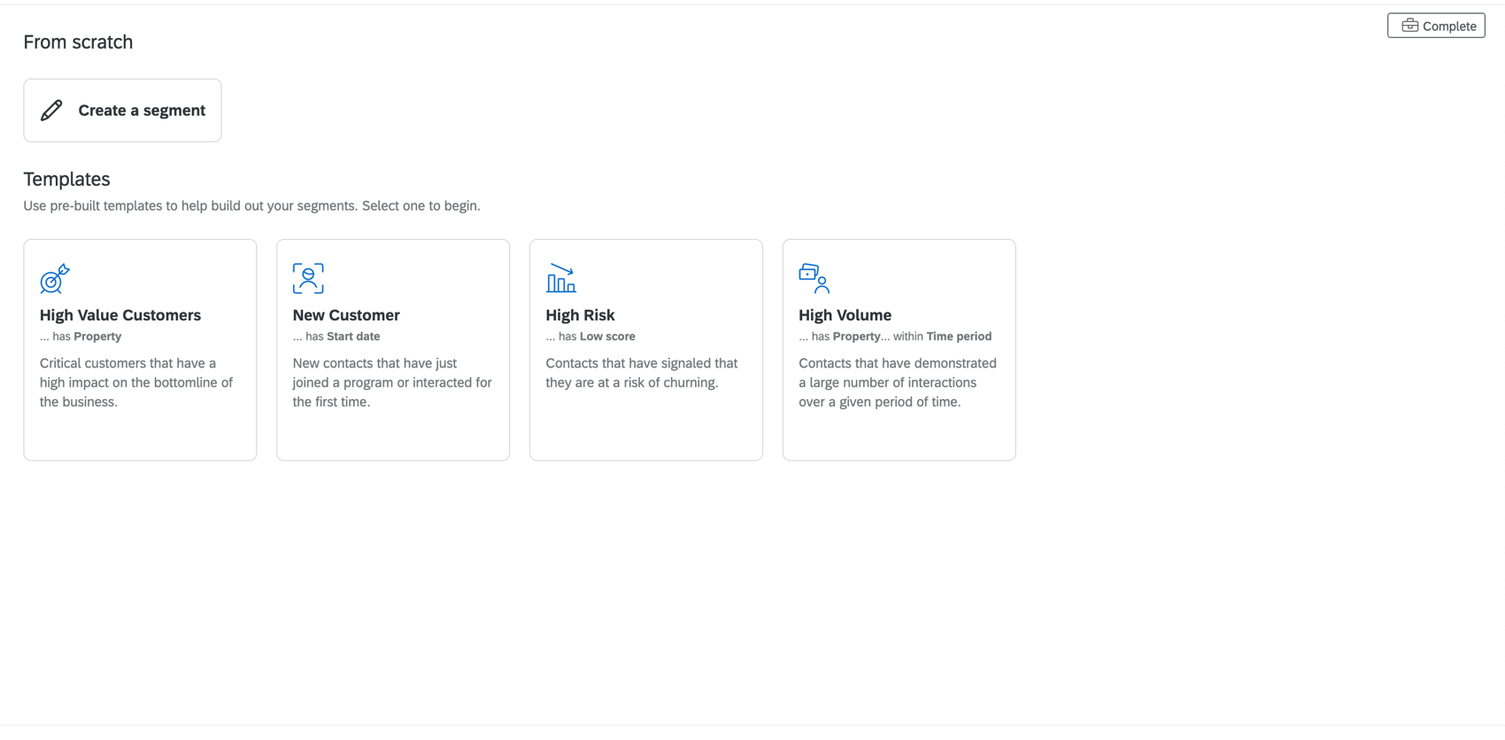 Exibe os diferentes segmentos disponíveis no menu de segmentação.