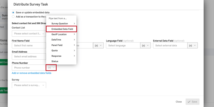 埋め込みデータから電話番号をパイプインする方法を示すXM DIRECTORYタスクの画像。