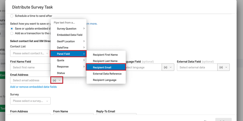 imagem da tarefa diretório xm mostrando como selecionar o e-mail destinatário no menu texto transportado