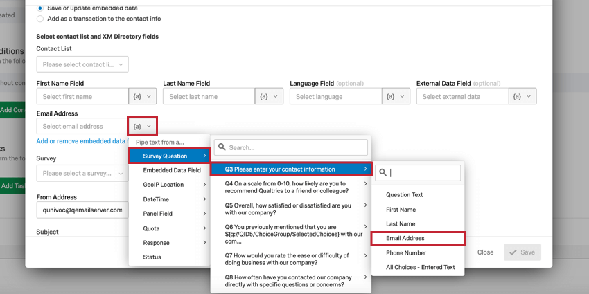 image of how to select a survey question answer in the piped text menu