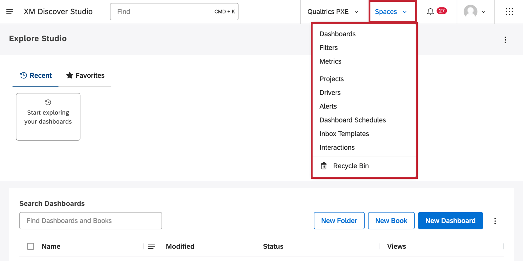 Bereichsmenü im Studio