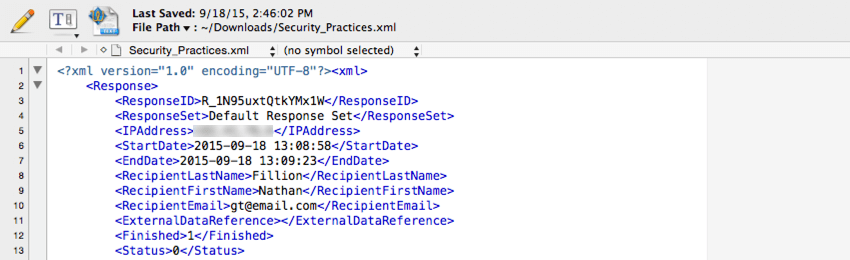 Image of respondent data in XML format