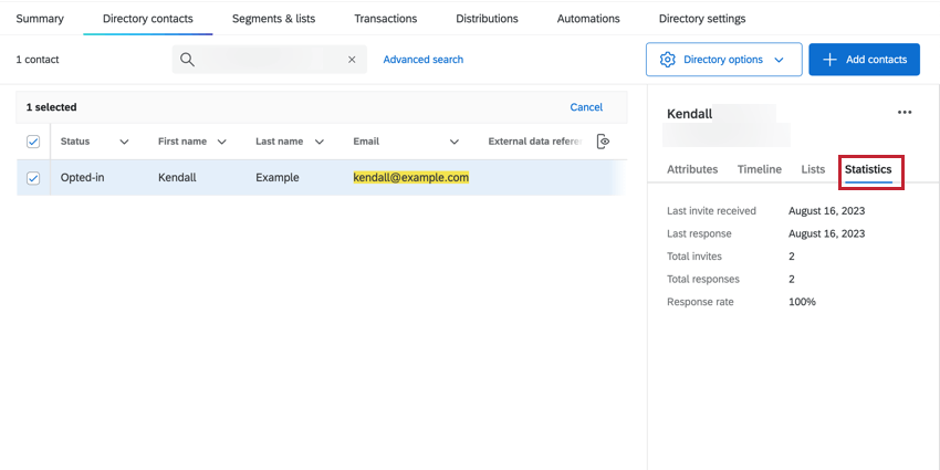la sezione statistiche di un singolo contatto
