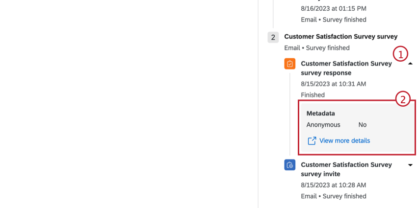 Image shows the arrow next to the survey response that you can click to view additional metadata from that response
