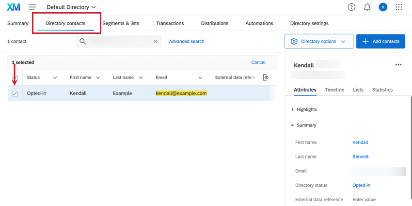 Auf der Registerkarte Verzeichnis ist ein Kontakt ausgewählt.