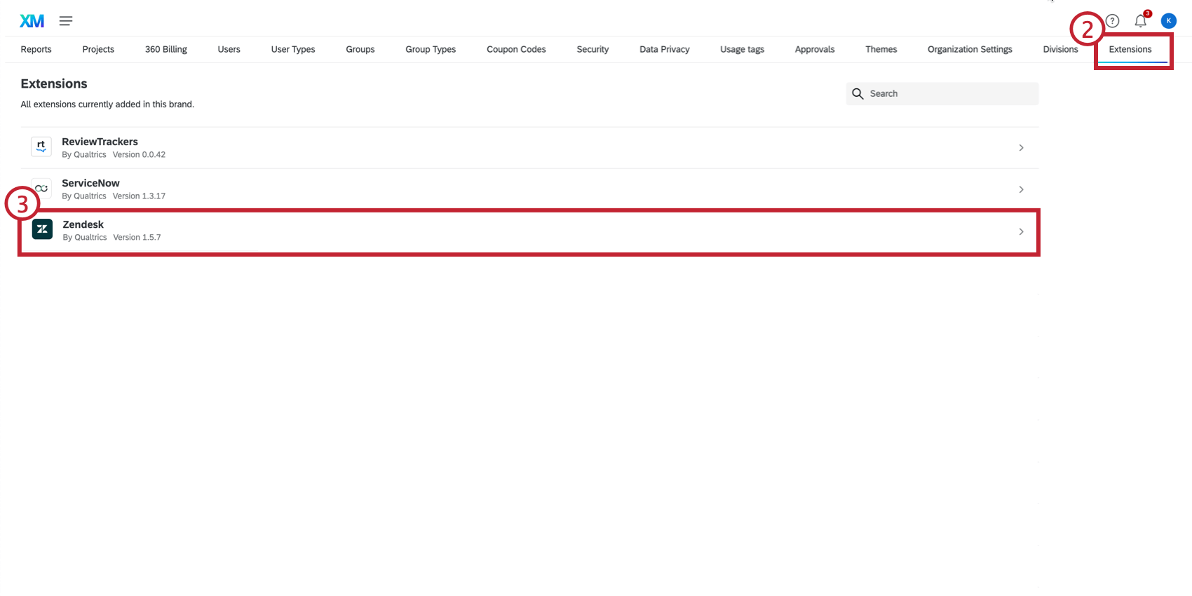 Mostra zendesk nella scheda estensioni della pagina di amministrazione di Qualtrics