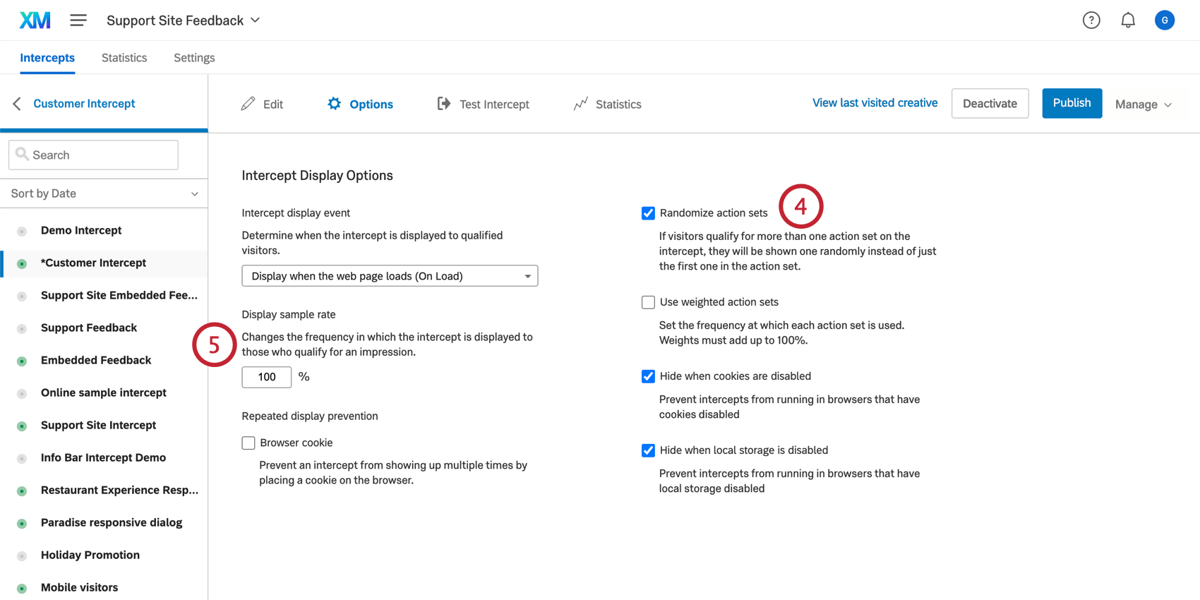 Générateur densembles dactions randomisés et affichage des paramètres de fréquence déchantillonnage indiqués dans les options dintercept