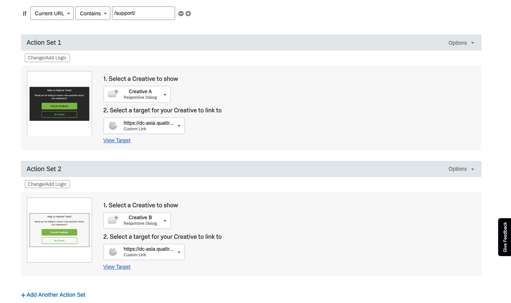 Un intercept avec deux ensembles dactions. Vous pouvez voir deux créatifs différents mais similaires chargés dans chacun deux