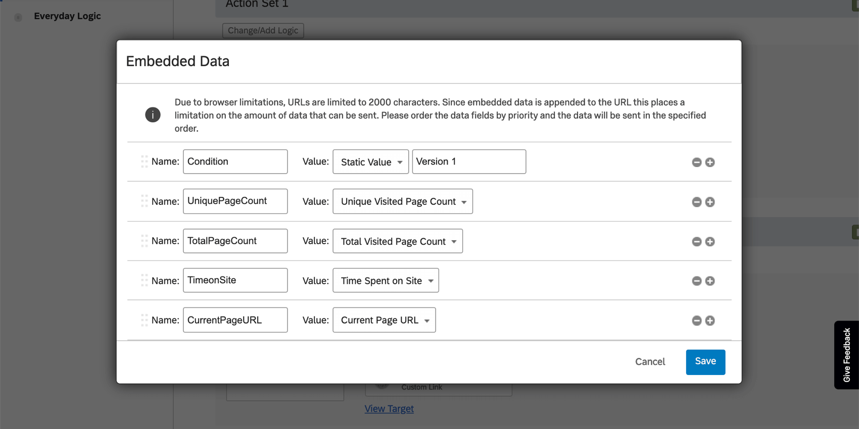 Embedded data setting a condition, but also the dynamic values described pulling website visit data and such