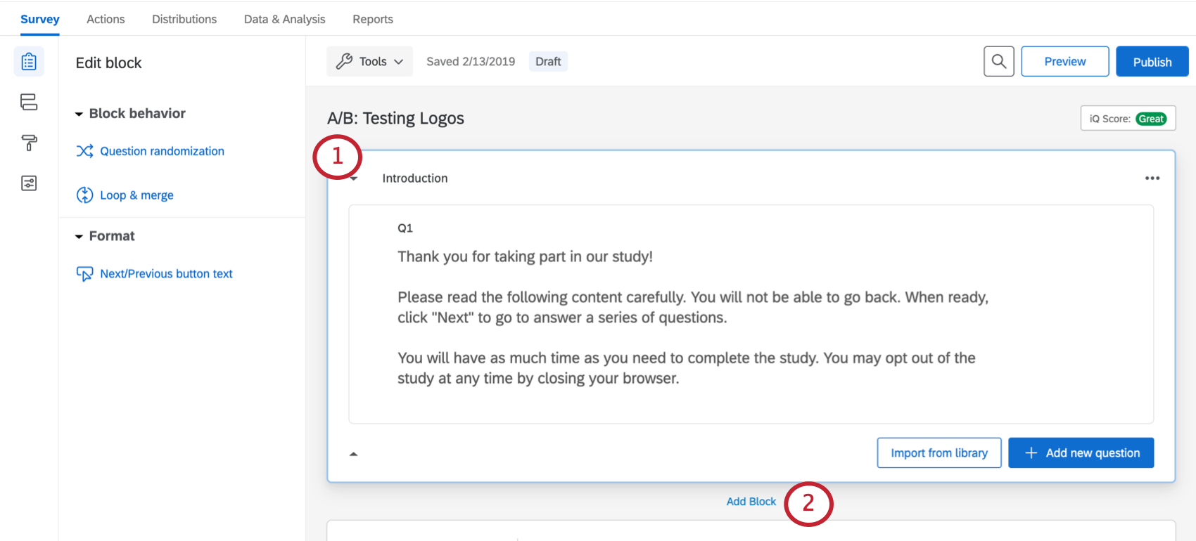 Survey with introductory block with one descriptive text in it. Add Block link in blue below this block