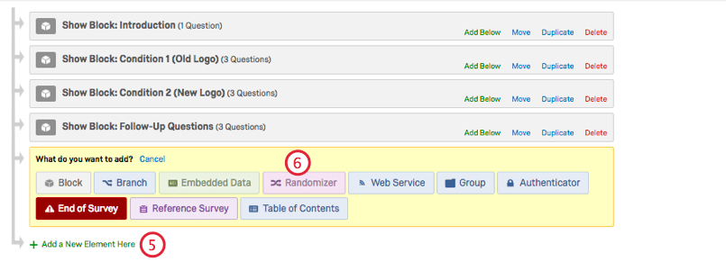 Inside survey flow adding randomizer at bottom. Randomizer choice is pink, top yellow row of choices