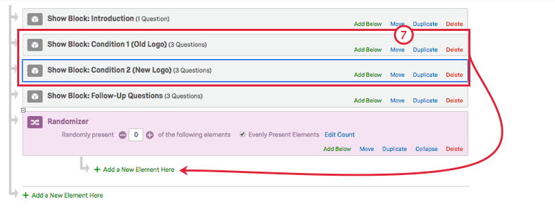 Moving blocks with blue move link to be nested under randomizer at bottom