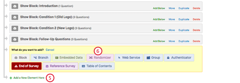 Inside survey flow adding randomizer at bottom. Randomizer choice is pink, top yellow row of choices