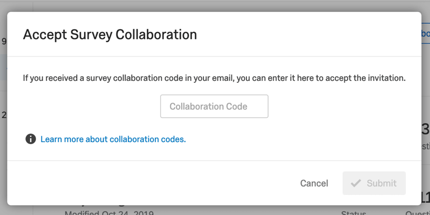 Fenêtre de collaboration contenant un champ pour saisir un code et un bouton Envoyer