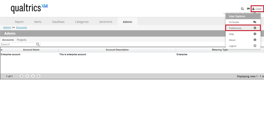 clicking the user name in the top right corner and choosing preferences