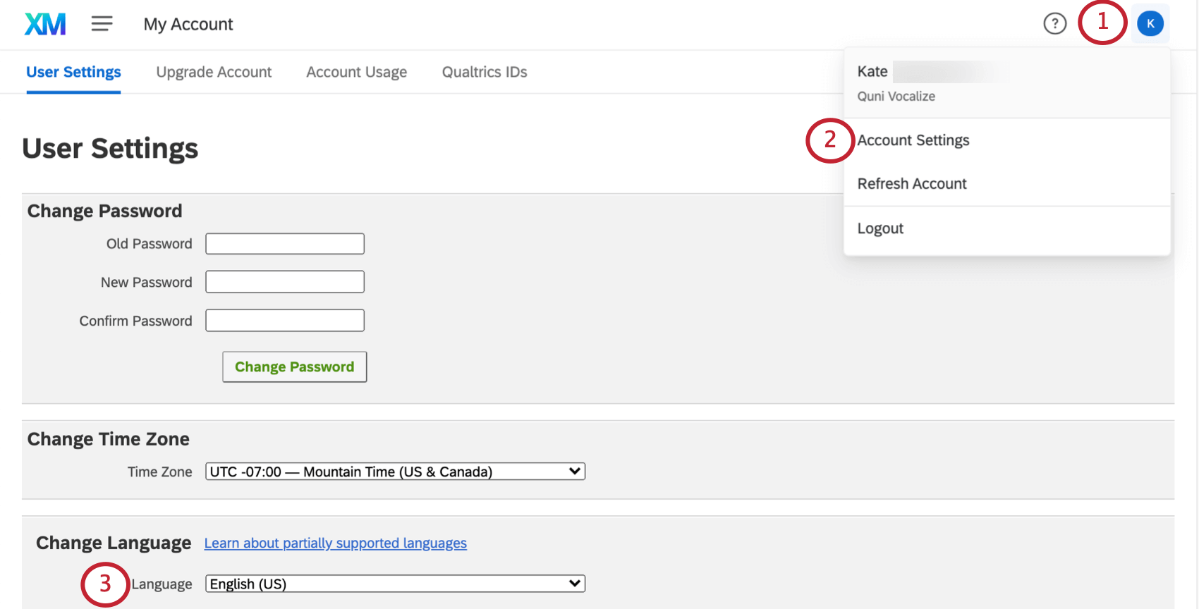 configurações da conta, alteração do idioma