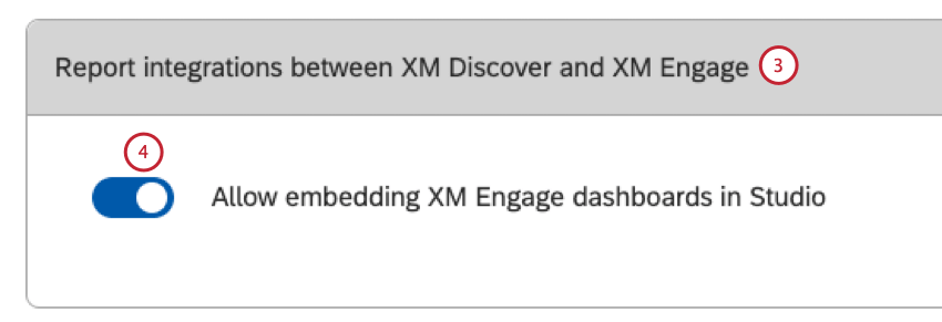 Abschnitt Berichtsintegrationen zwischen XM Discover und XM Engage Settings