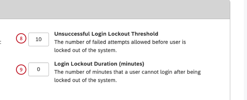 configurações de tentativa de login