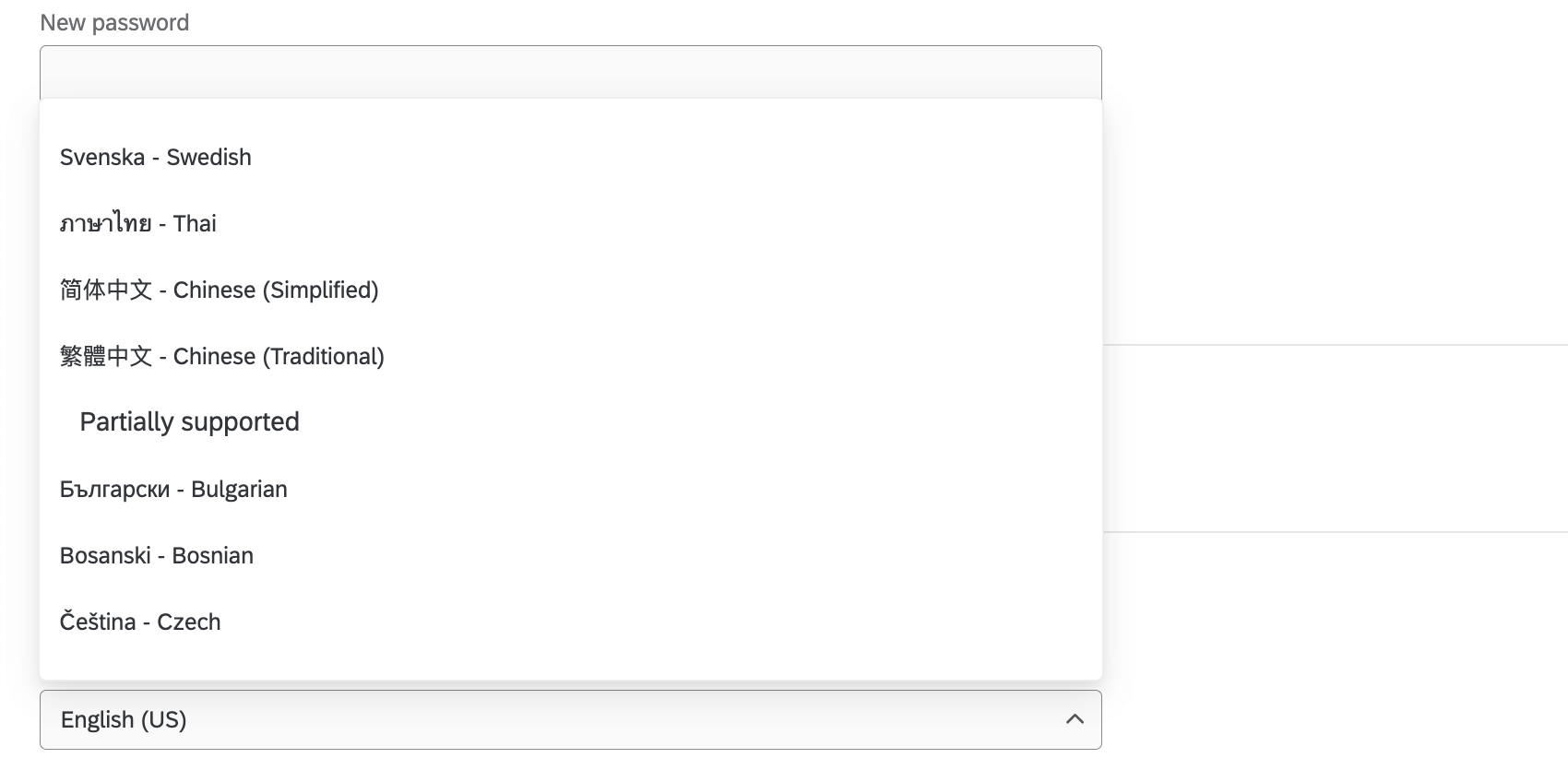 Menú desplegable para Cambiar idioma en la configuración de cuenta