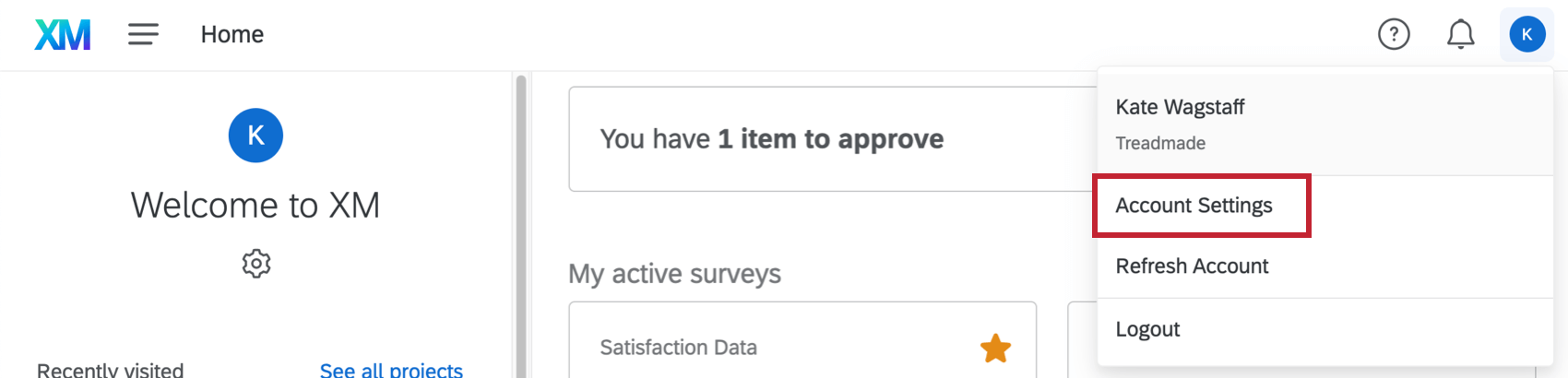 image of the home page with the user icon in the top right hand corner highlighted. Click the user icon to open the dropdown to access account settings