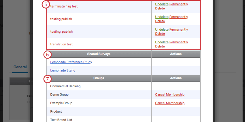 scrolling down list are surveys with names listed in red; then shared surveys; then groups
