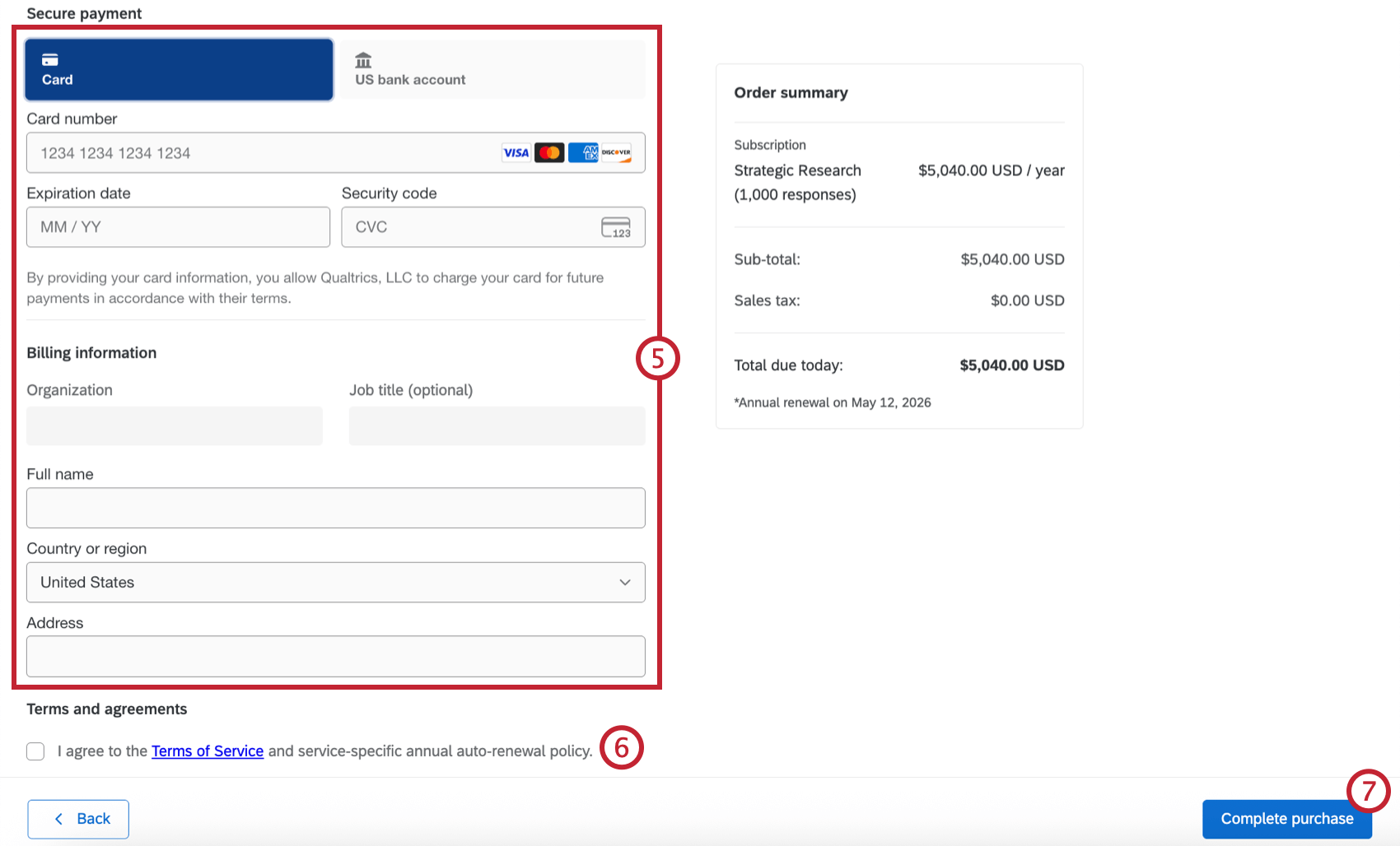 página com campos para inserir informações do cartão