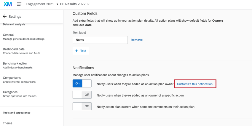 the notifications section of action plan settings