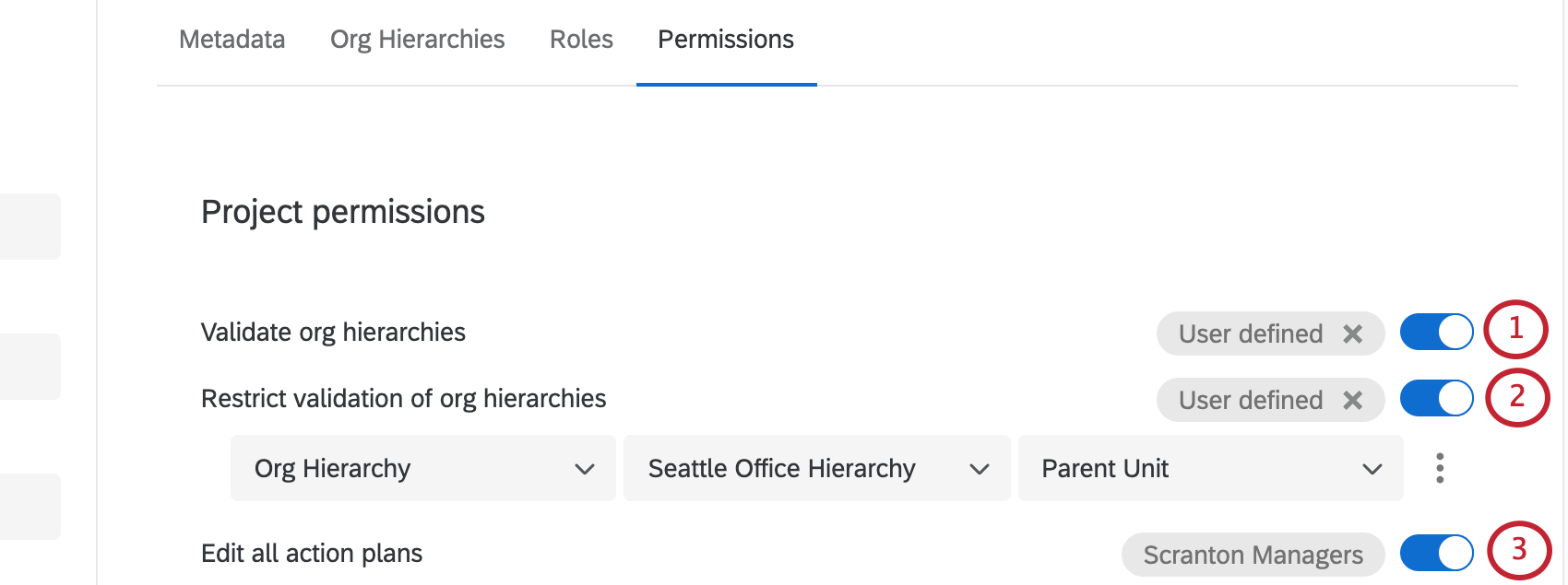 A permissão Validate Org Hierarchies e todas as configurações associadas são destacadas na guia Permissions (Permissões)