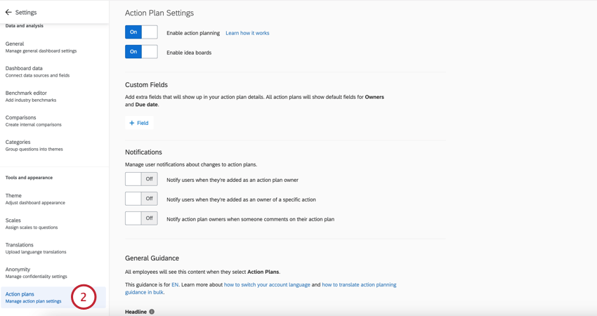 ir para a seção de planos de ação das configurações dashboard