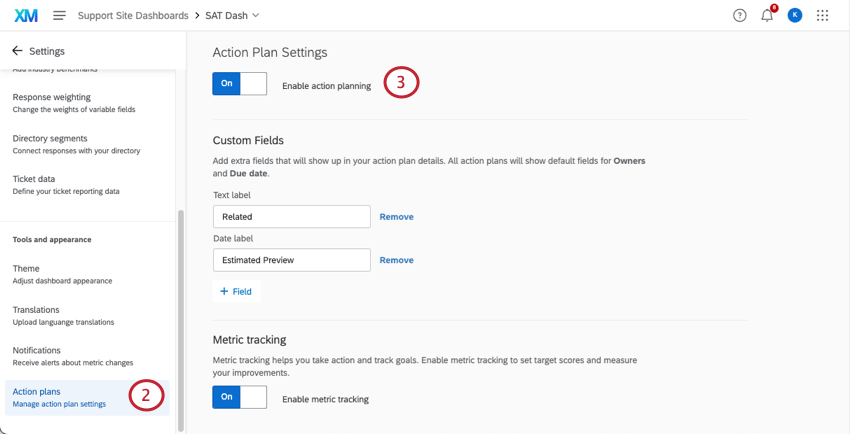 Action plans section of dashboard settings