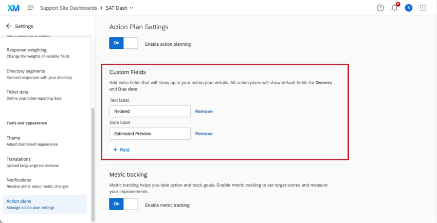 Na seção de planos de ação das configurações dashboard, seção para campos personalizados
