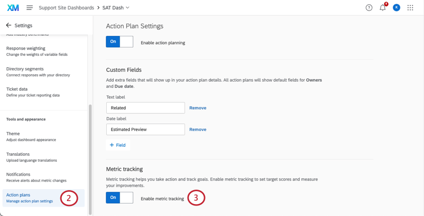 Habilite o planejamento de ações nas configurações do cx dashboards.