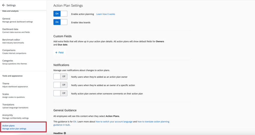 a seção de planos de ação das configurações dashboard
