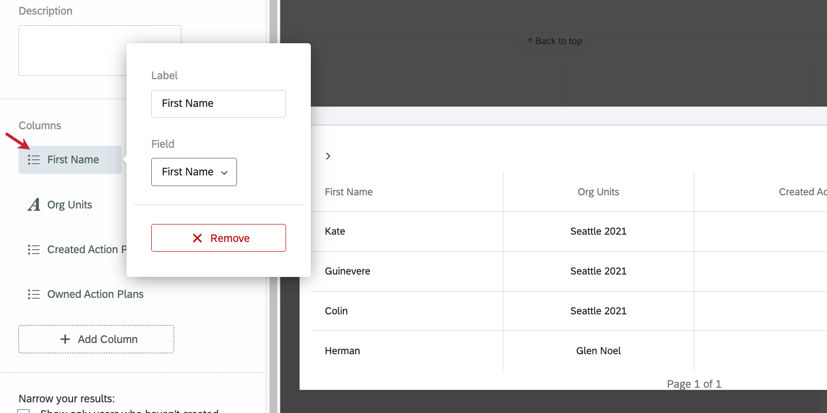 clicking a column to open the menu with the described options