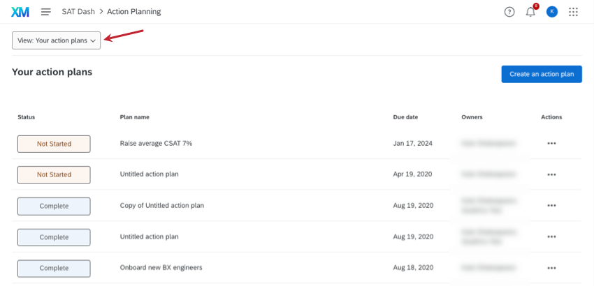View all action plans dropdown