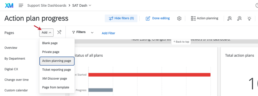 creating a new page and selecting the action planning type